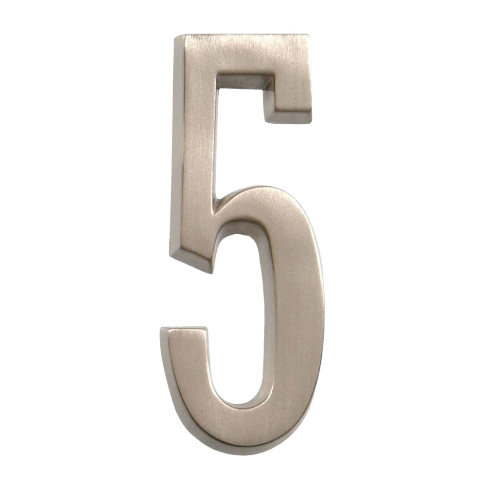Brushed nickel adhesive house number 5 for home improvement and exterior address display.