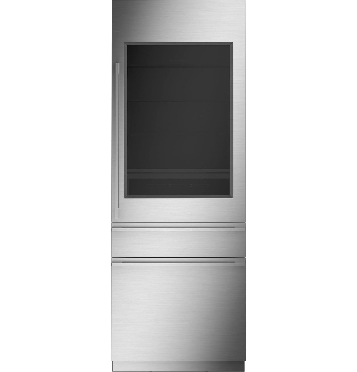 Stainless steel panel-ready integrated refrigerator with glass door and bottom freezer drawer in appliances collection