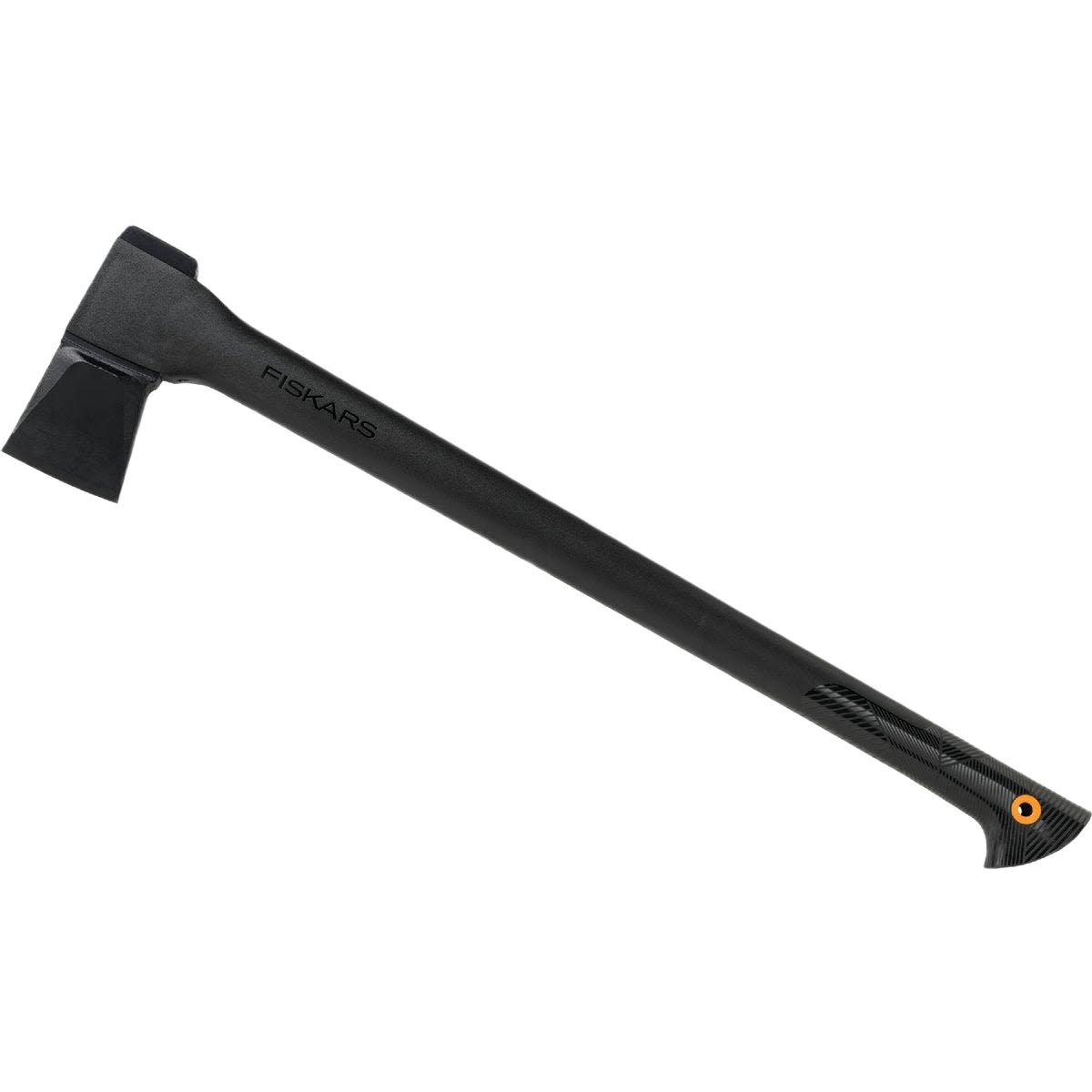 Black Fiskars splitting axe with Duraframe handle and protective sheath designed for home improvement tasks