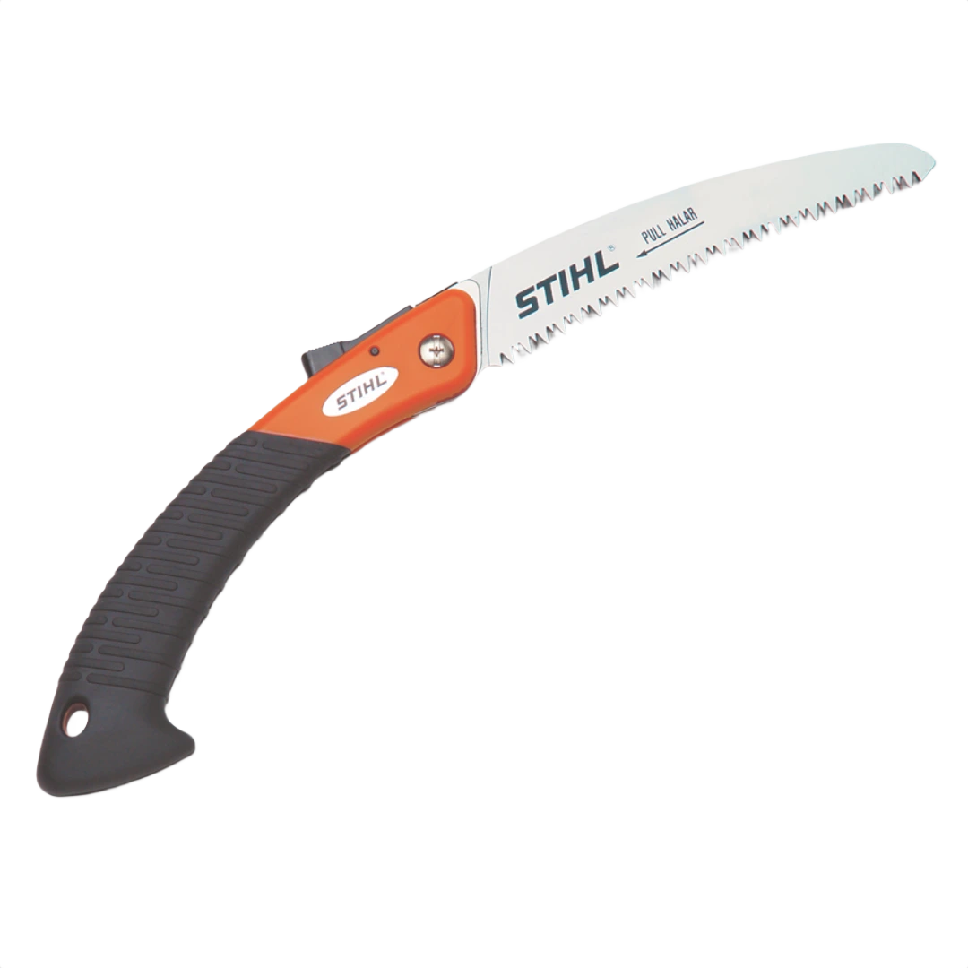 Folding pruning saw with curved hard-chrome blade and ergonomic handle for outdoor power tools and lawn care collections