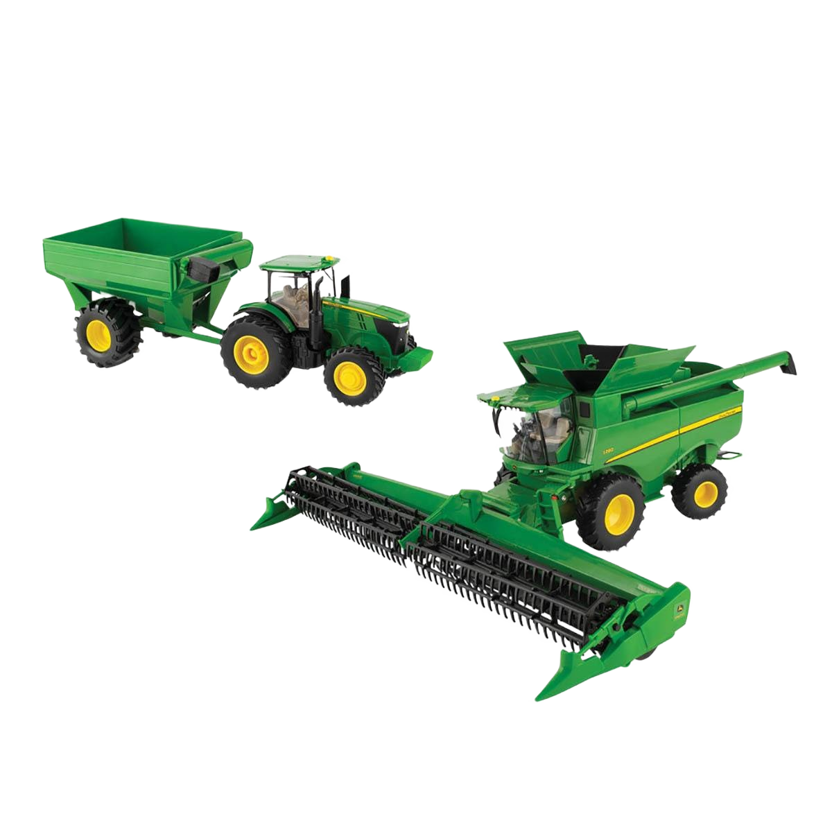 Green and yellow scale model John Deere combine harvester and tractor with grain cart in toys collections