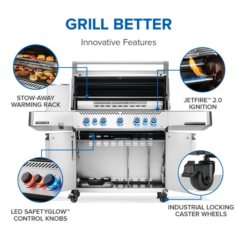 Stainless steel natural gas grill with LED illuminated control knobs, stow-away warming rack, Jetfire ignition, and industrial locking caster wheels for outdoor cooking and grilling.