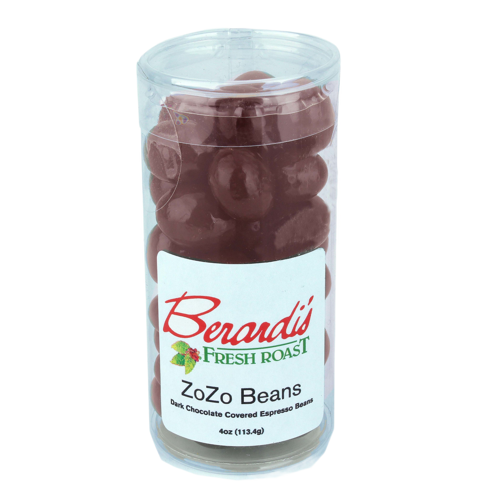 Clear cylindrical container filled with dark chocolate covered espresso beans labeled Berardi's ZoZo Beans