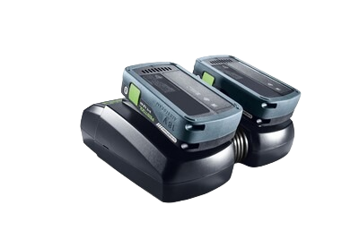 Two compact 18V Li-HighPower batteries charging on a dual rapid charger for tool accessories and power tool batteries collections