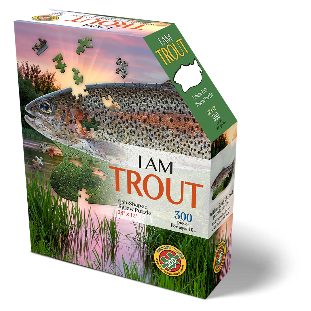 Box of 300-piece fish-shaped jigsaw puzzle featuring a trout design for Toys & Games and Puzzles collections.