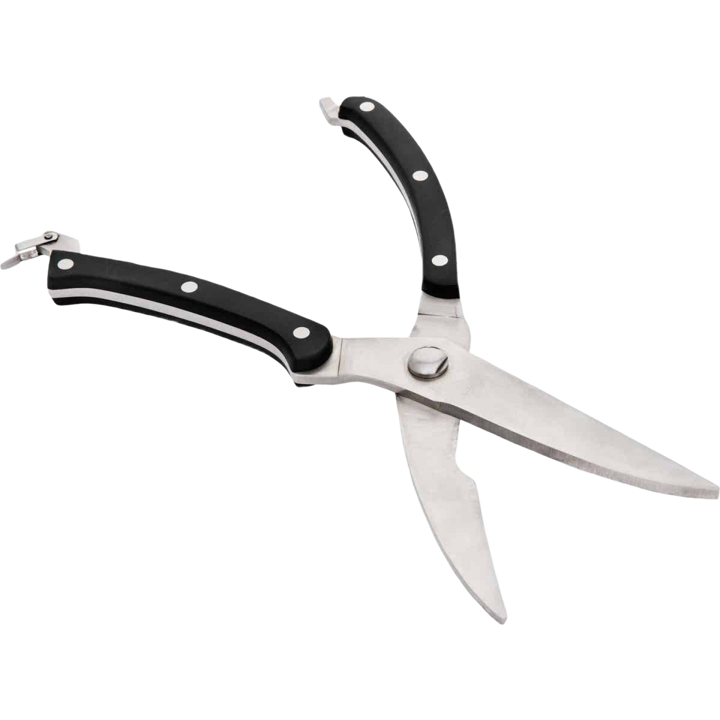 Stainless steel meat shears with black handles and spring-loaded design for grilling tools and outdoor living accessories under $50