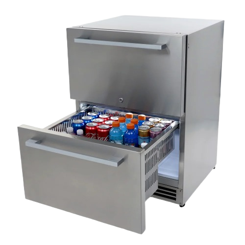 Stainless steel indoor/outdoor undercounter drawer refrigerator with stocked beverage cooler in kitchen appliances collection