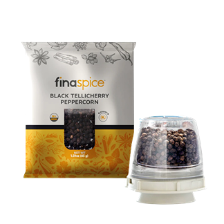 FinaSpice black Tellicherry peppercorns in sealed pouch with clear grinder attachment for kitchenware collections