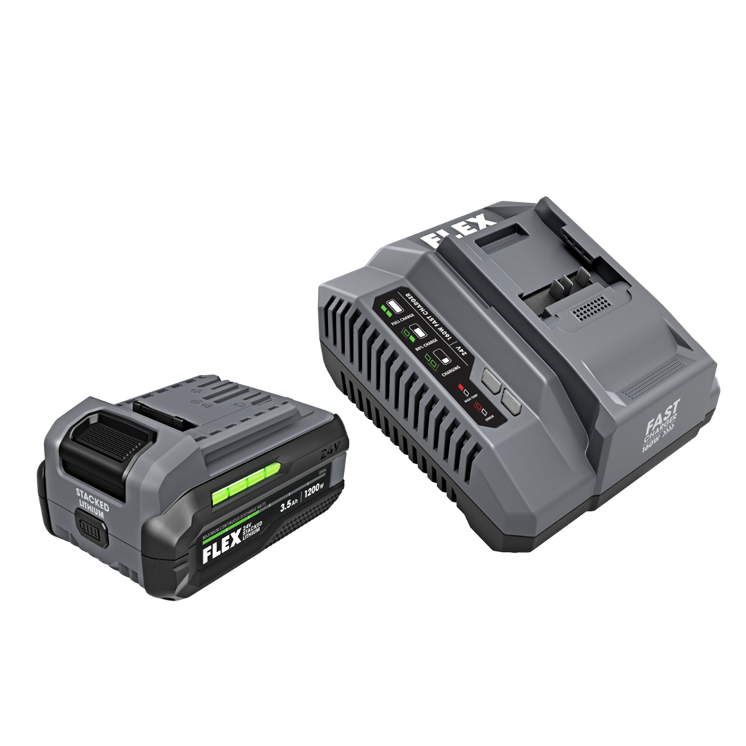 Compact gray lithium battery and fast charger designed for efficient power use in tools and home improvement projects