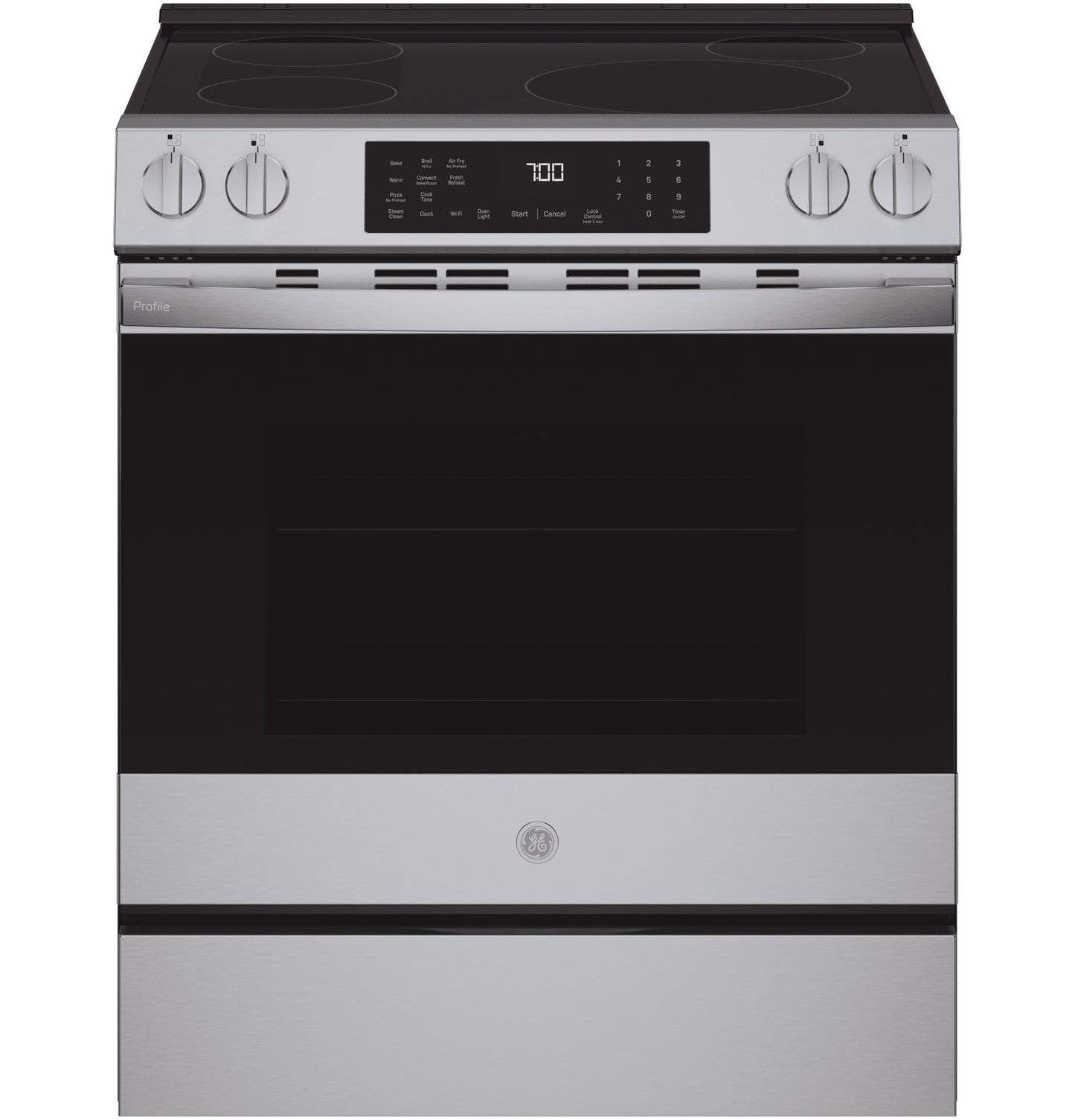 Front view of stainless steel smart slide-in induction and convection range with digital controls in kitchen appliances collection