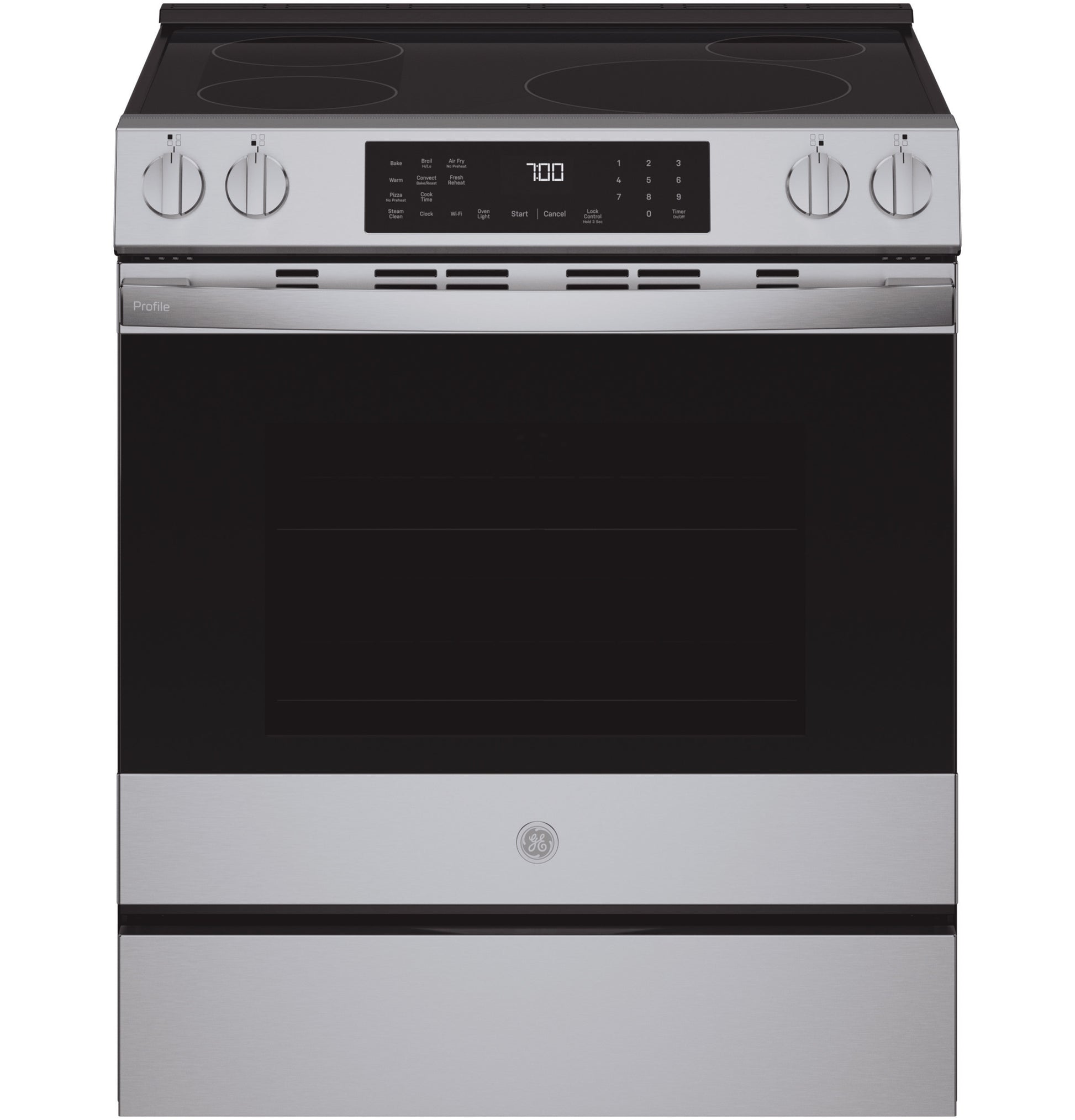 Front view of stainless steel smart slide-in induction and convection range with digital controls in kitchen appliances collection