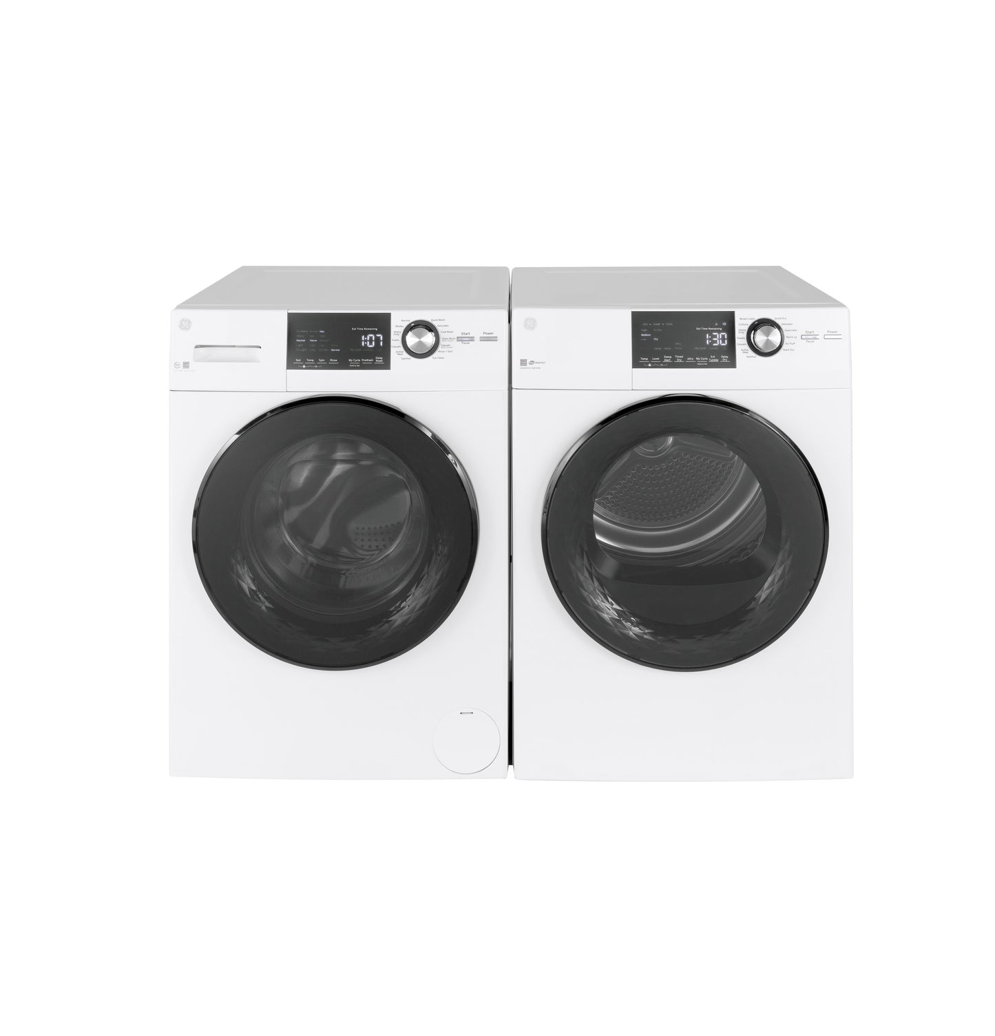 Pair of white front-load washer and vented electric dryer units with digital displays in modern appliances collection