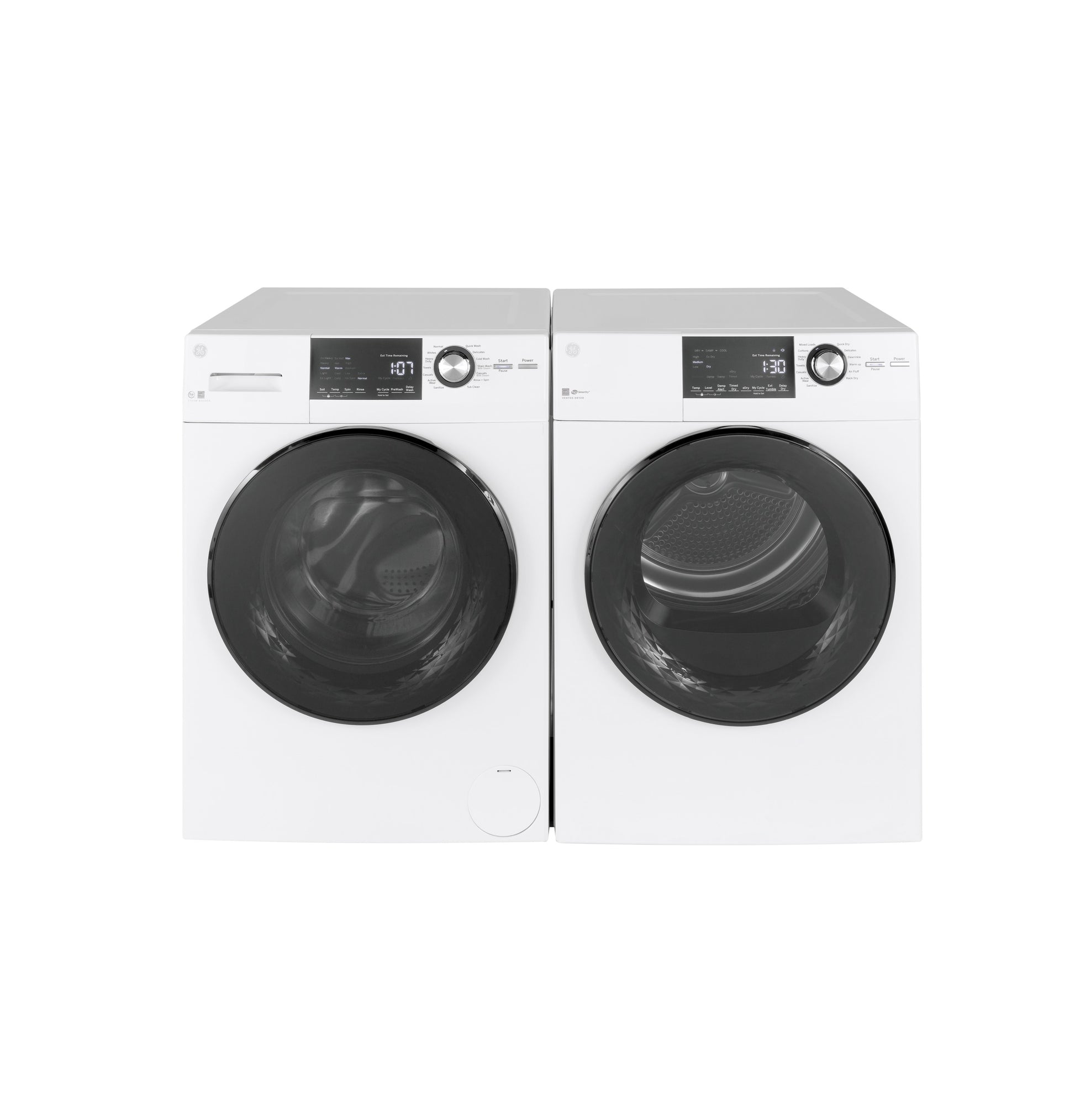 Pair of white front-load washer and vented electric dryer units with digital displays in modern appliances collection