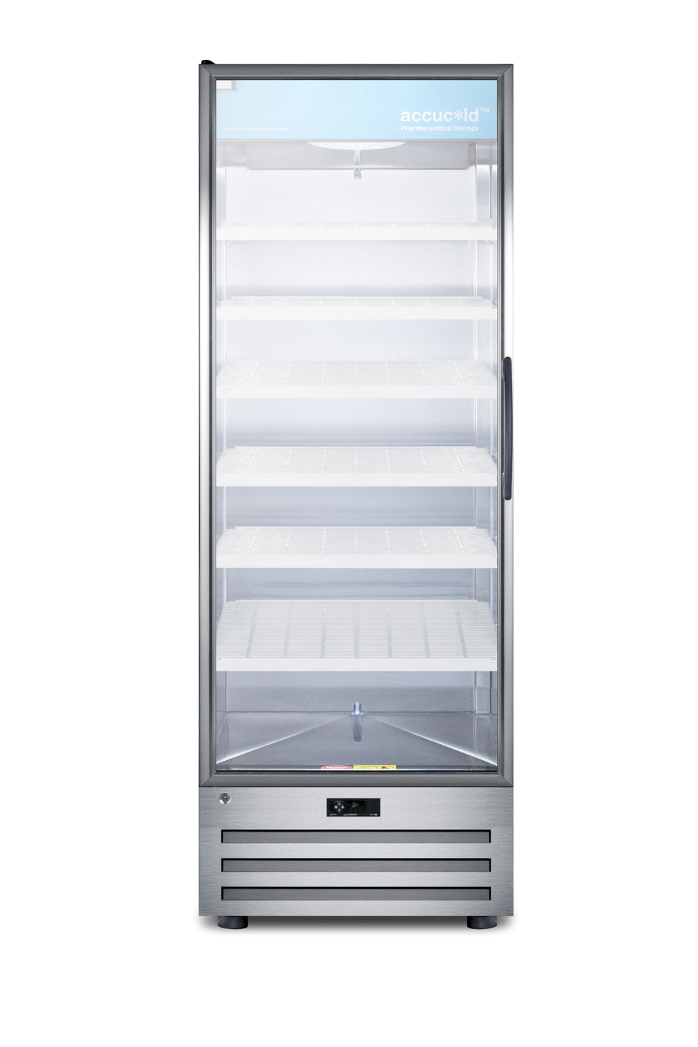 Tall single-door pharmacy refrigerator with glass front, stainless steel frame, and multiple adjustable shelves for appliances collection