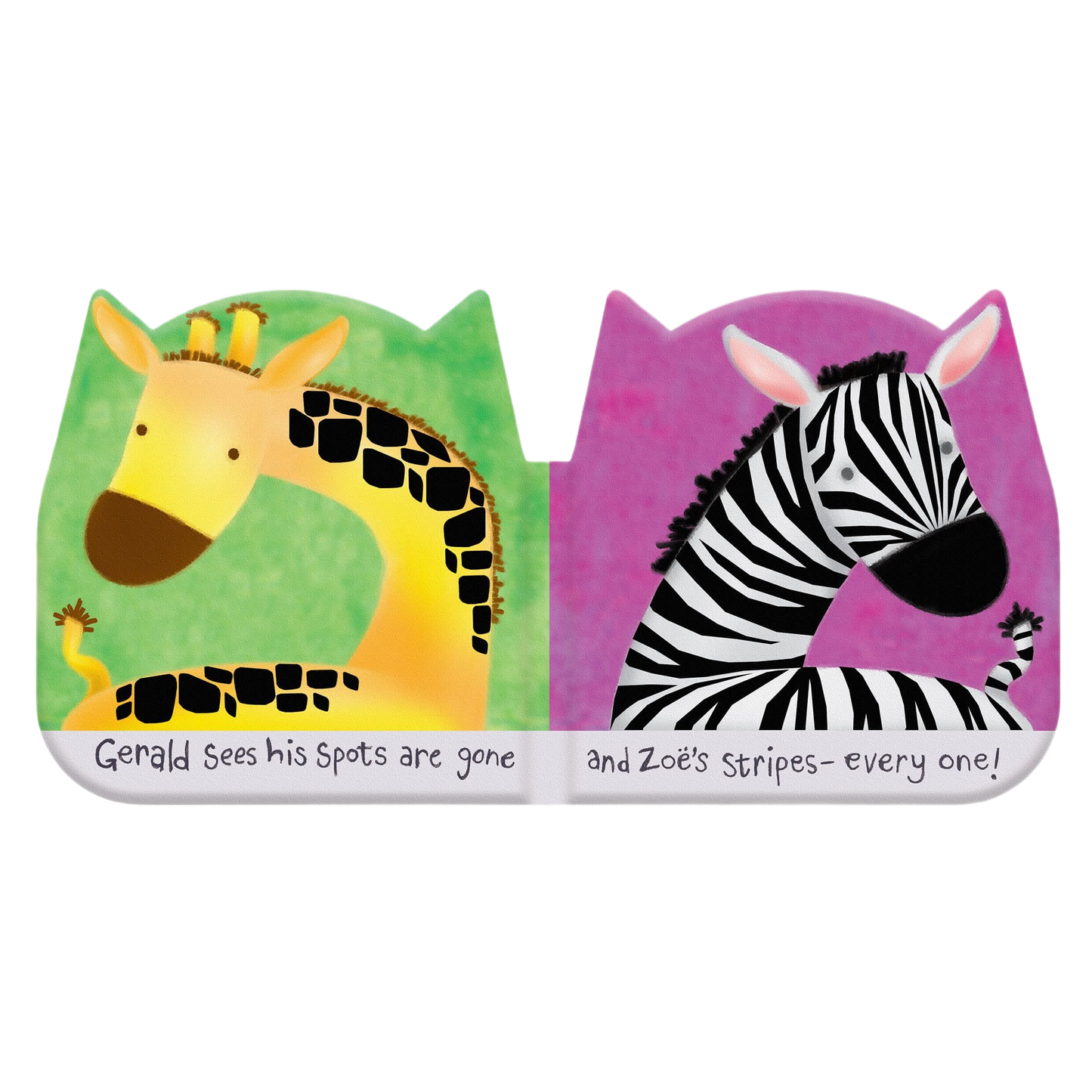Soft fabric bath book spread showing illustrated giraffe and zebra with playful text for children's collections under $50