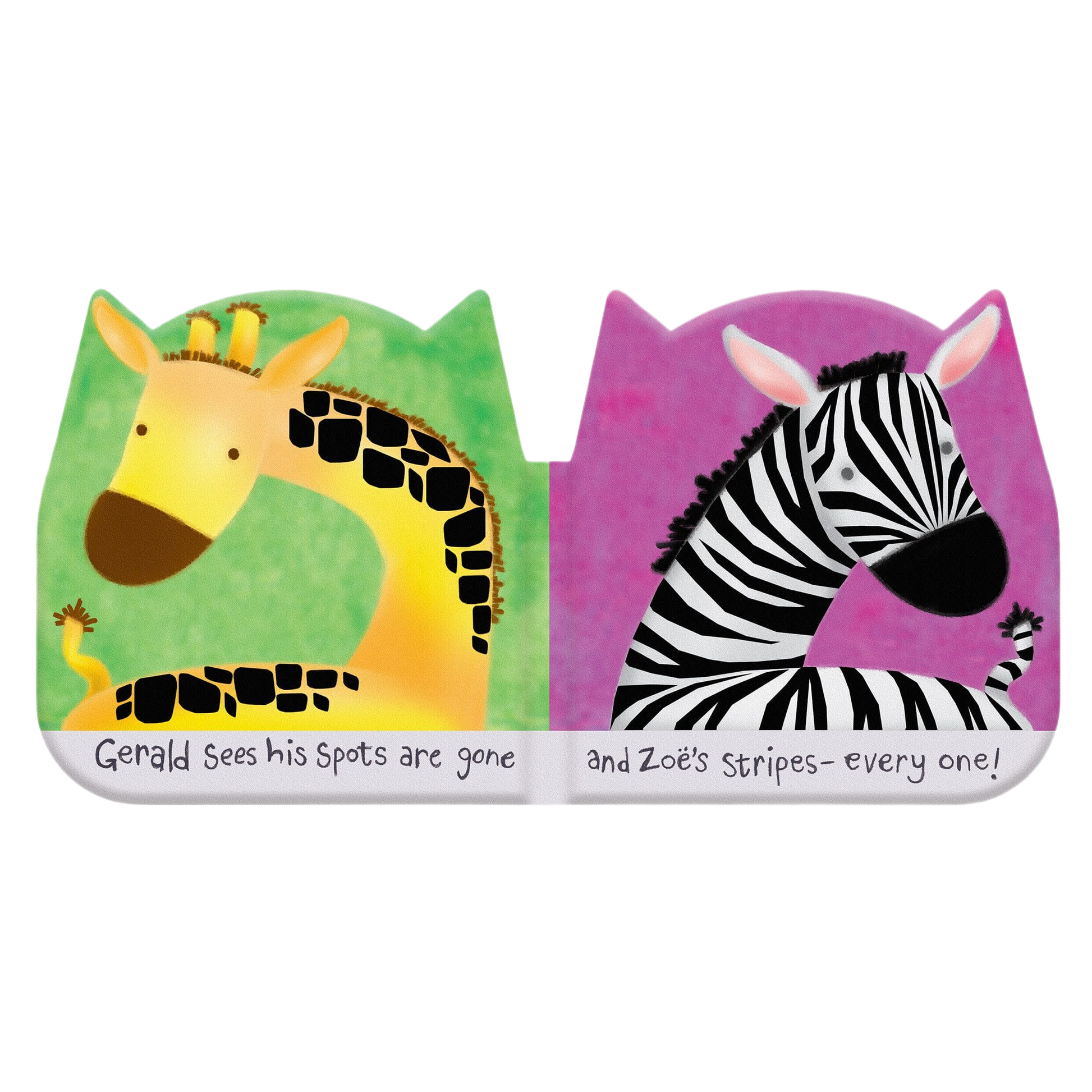 Soft fabric bath book spread showing illustrated giraffe and zebra with playful text for children's collections under $50