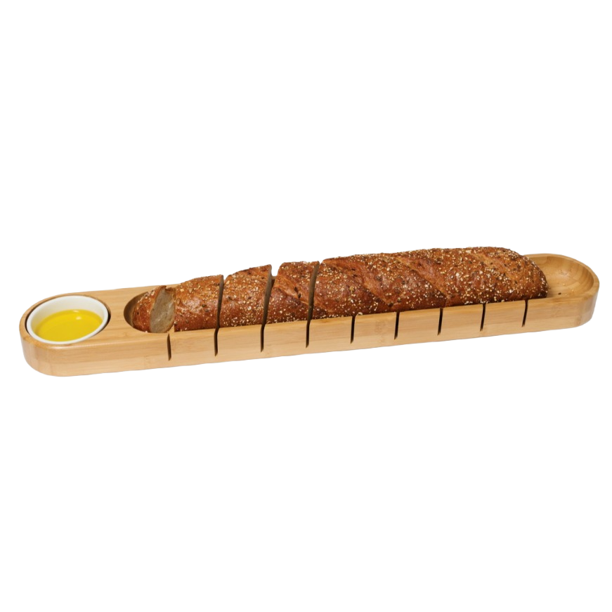 Bamboo bread board with ceramic dip bowl and sliced baguette, part of kitchen gadgets and tools under $50 collections