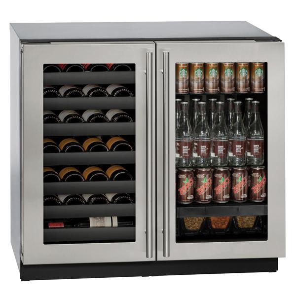 Stainless steel beverage center with dual glass doors, wine storage on left and bottled drinks on right in modern kitchen setting