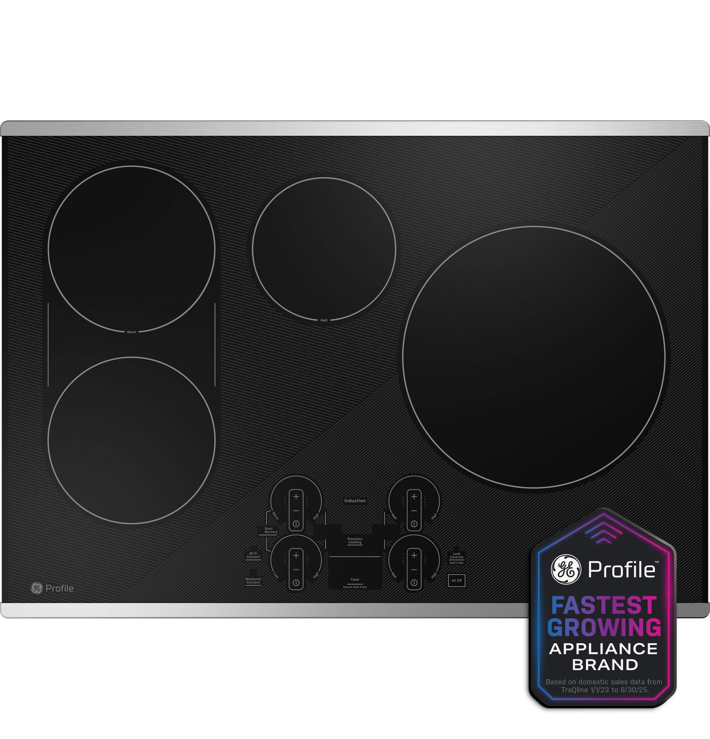 Black glass induction cooktop with four cooking zones and touch controls for modern kitchen appliances collection