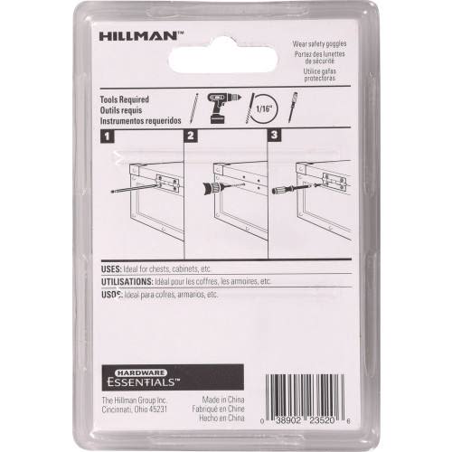 Packaging back of Hillman Hardware Essentials with installation instructions for cabinet and furniture hardware under $50