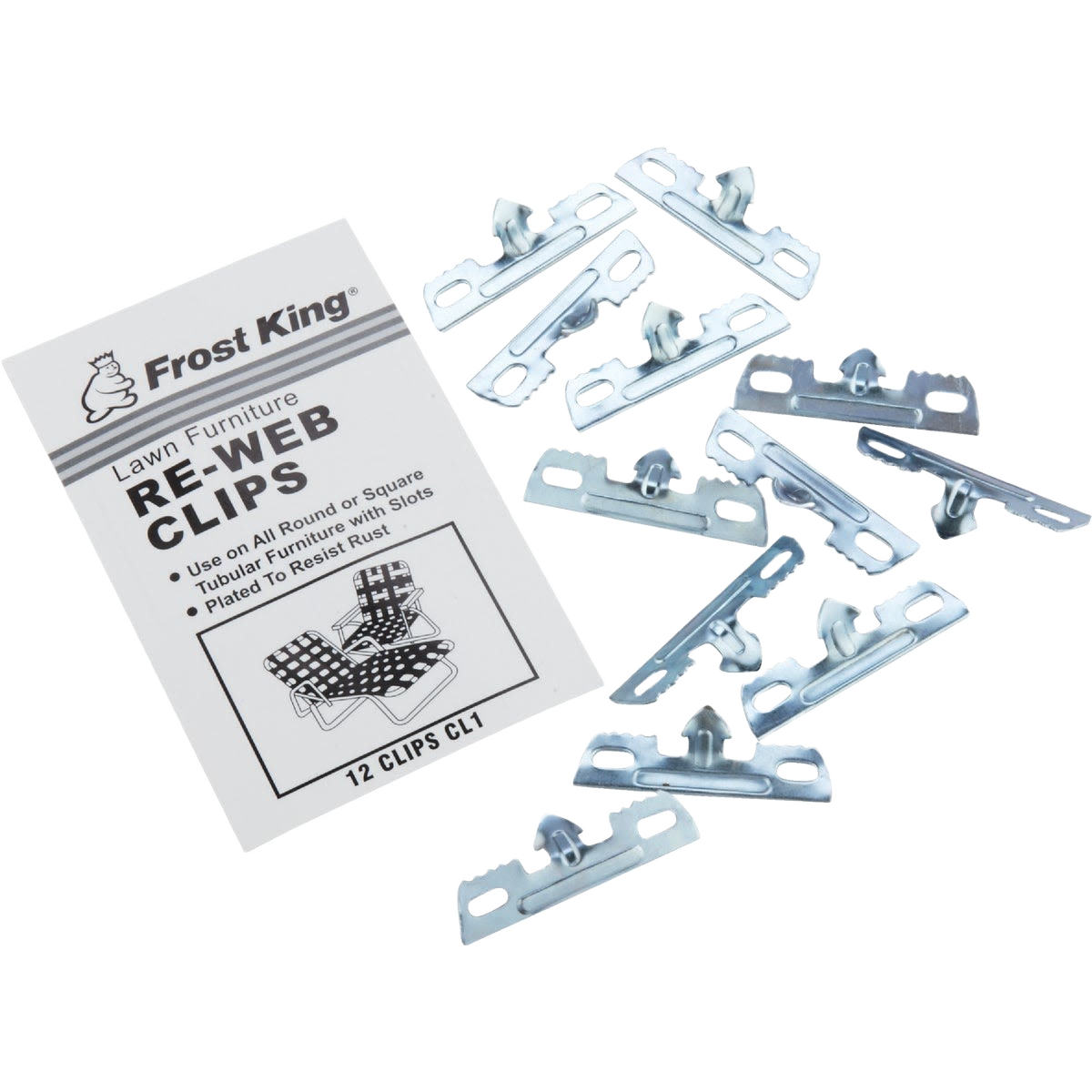 Set of metal webbing clips with slots designed for repairing outdoor patio furniture in lawn and garden use