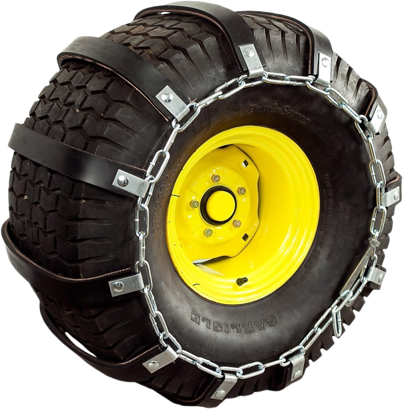 Tire with black TerraGrips chains featuring metal links and yellow steel rim for automotive and John Deere accessories collection
