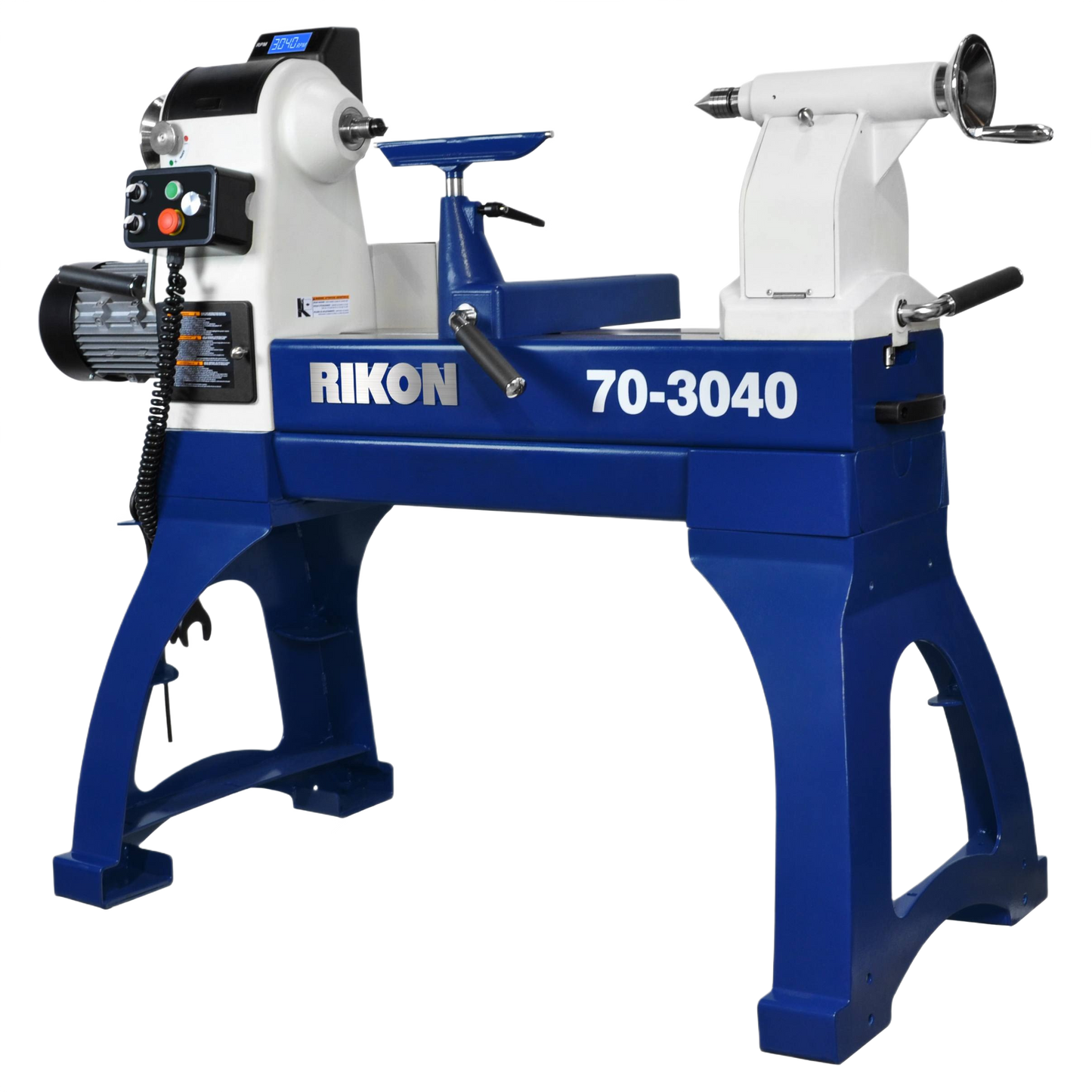 Industrial blue and white woodworking lathe with sturdy frame and digital control panel for home improvement projects
