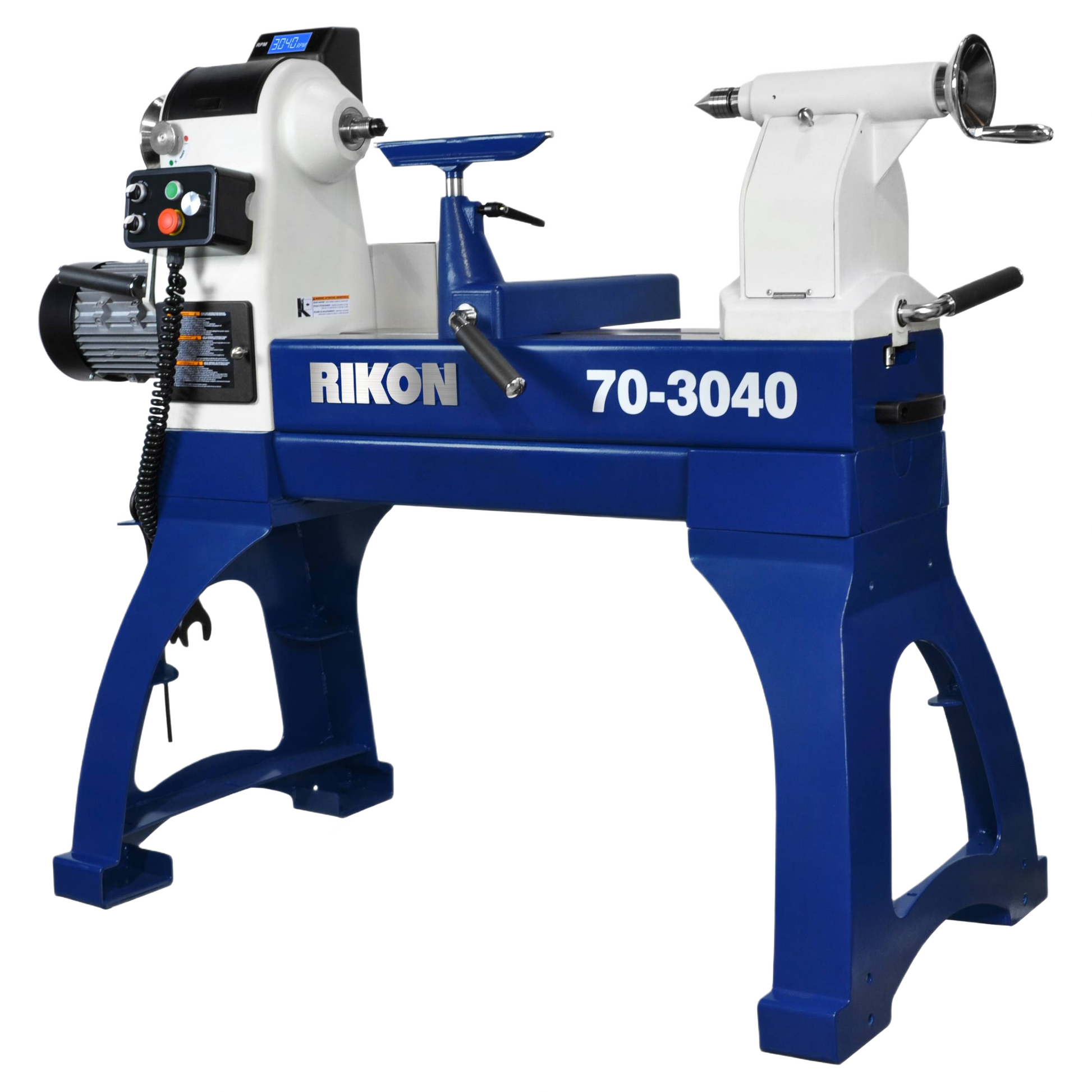 Industrial blue and white woodworking lathe with sturdy frame and digital control panel for home improvement projects