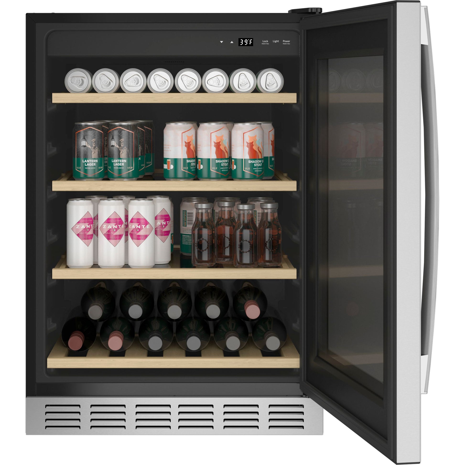 GE Profile Series beverage center with glass door, wooden shelves, and digital temperature control in Appliances collection