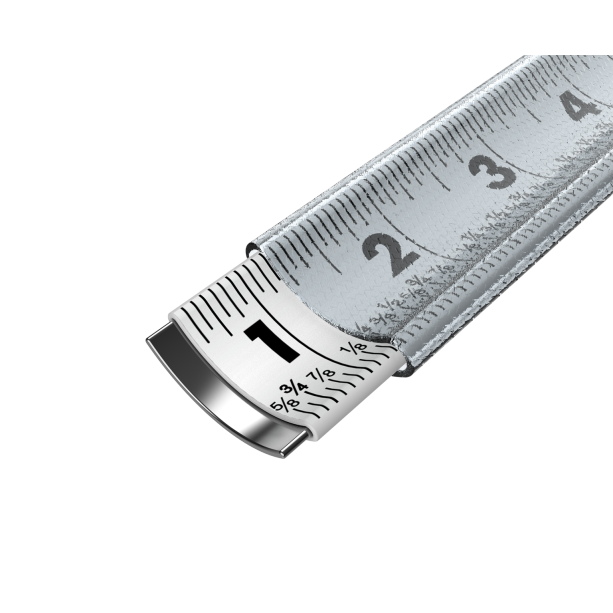 Close-up of metal tape measure blade showing fractional inch markings for woodworking and measuring tools in hand tools collections