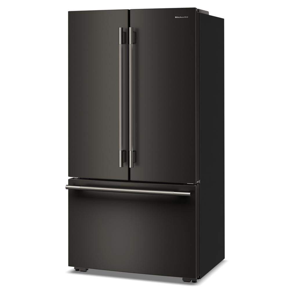 Matte black counter-depth French door refrigerator with bottom freezer and sleek vertical handles in KitchenAid appliances collection