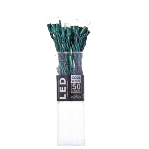 Cool white miniature LED string lights with green wire, 50 bulbs, suitable for Christmas decor under $50 collections