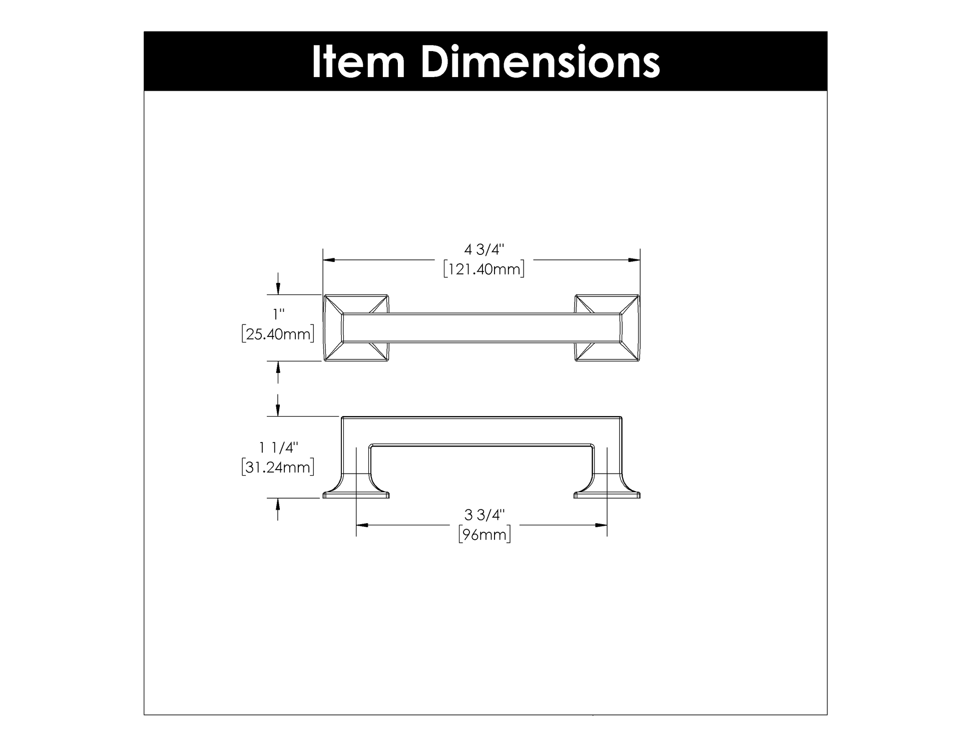 Dimensional diagram of oil-rubbed bronze hardware pull for cabinet and furniture hardware under $50 collections.