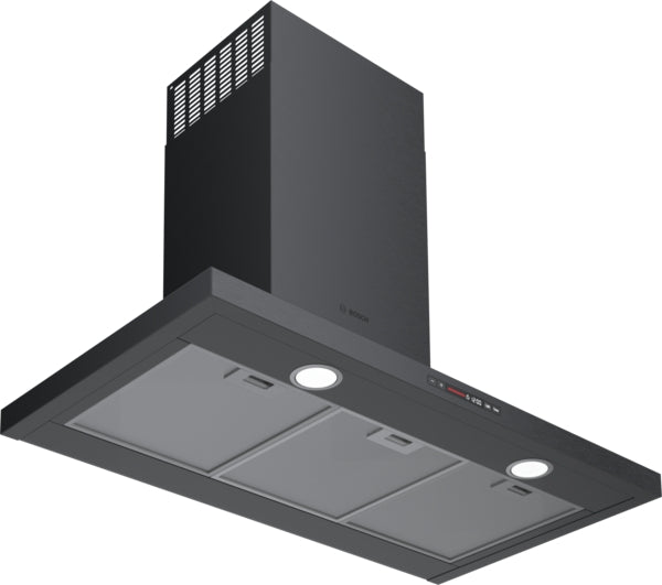 Black stainless steel 36-inch wall hood with halogen lights and mesh filters in a modern kitchen appliance setting