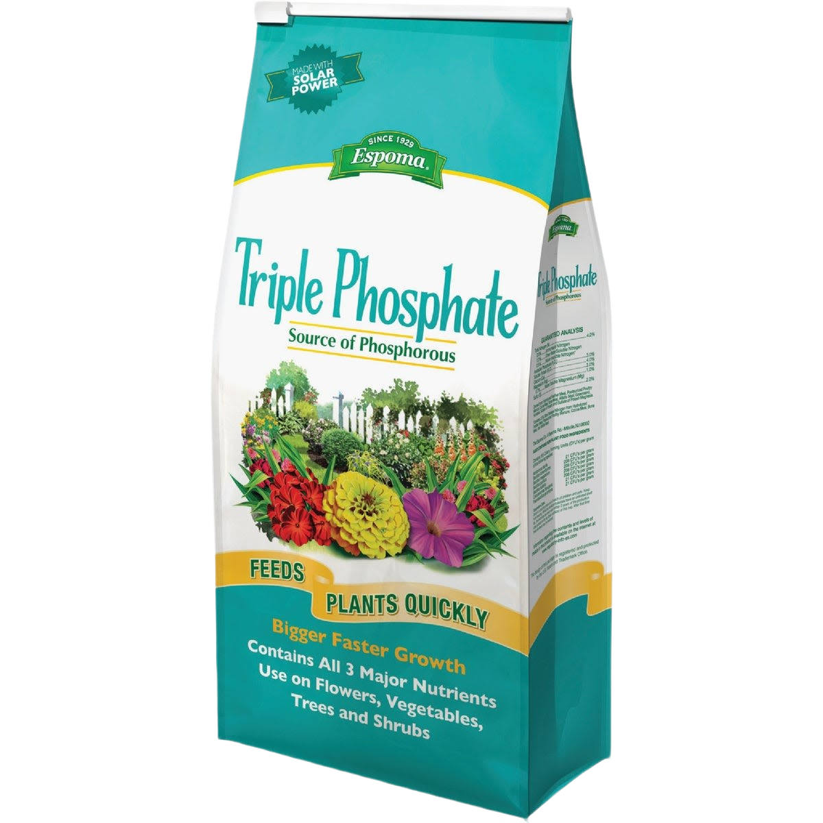 Espoma triple phosphate dry plant food bag promoting fast plant growth for flowers, vegetables, trees, and shrubs