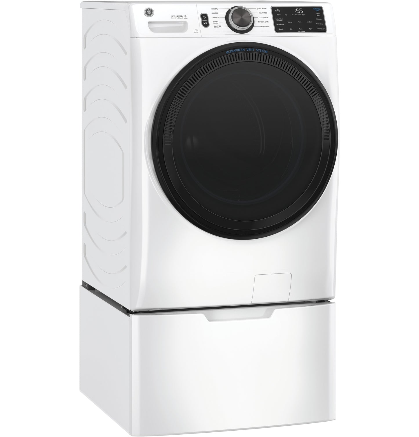 White front-load washing machine on white GE pedestal for laundry pedestals and appliance parts accessories collection