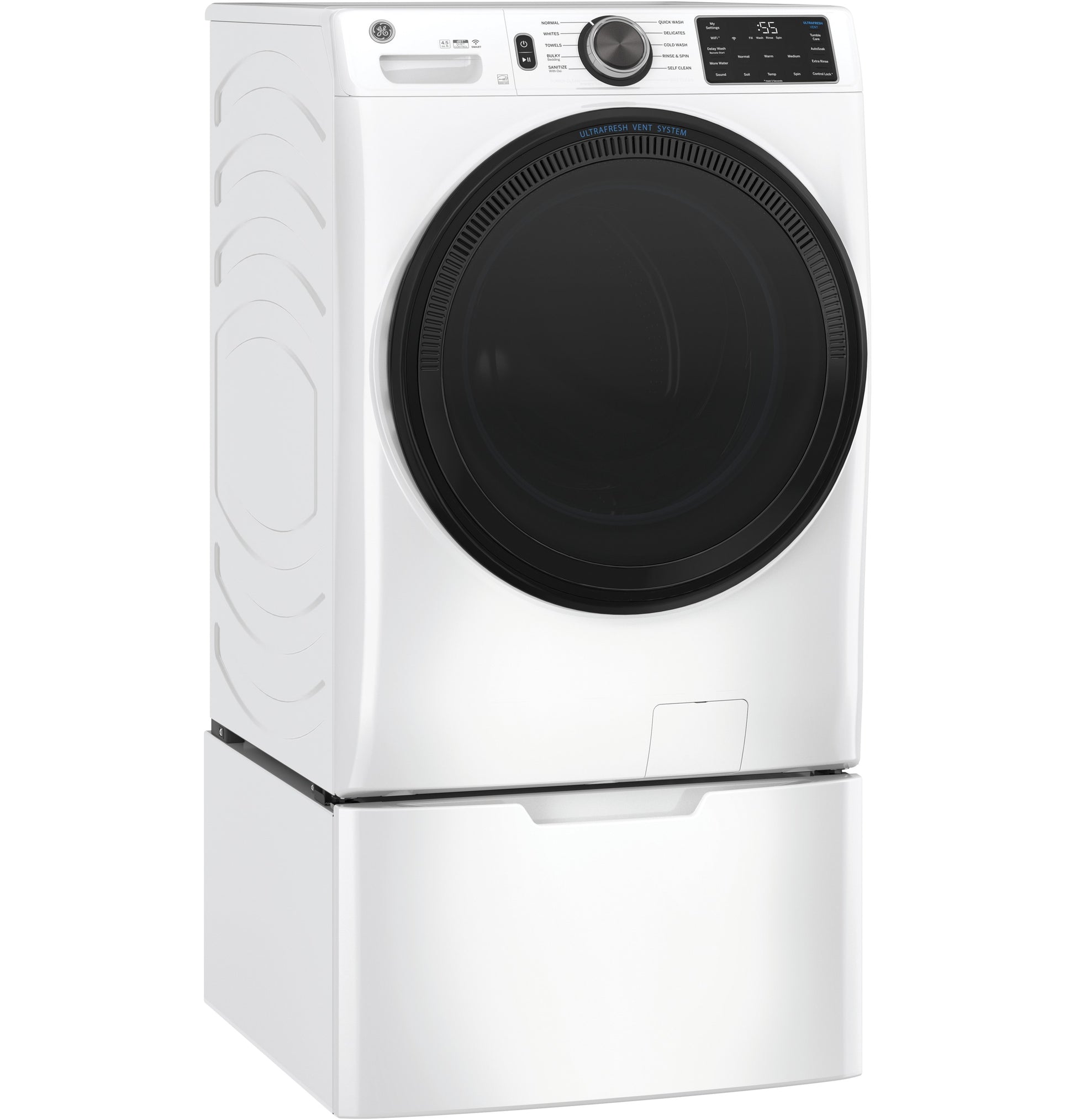 White front-load washing machine on white GE pedestal for laundry pedestals and appliance parts accessories collection