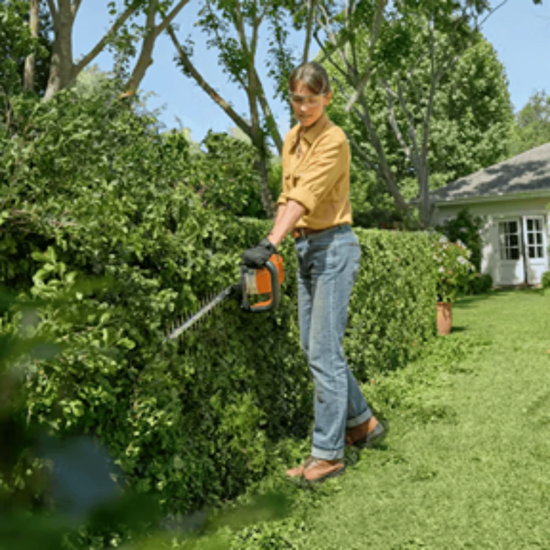 Person using an orange and black electric hedge trimmer to shape a green hedge in a sunny backyard setting