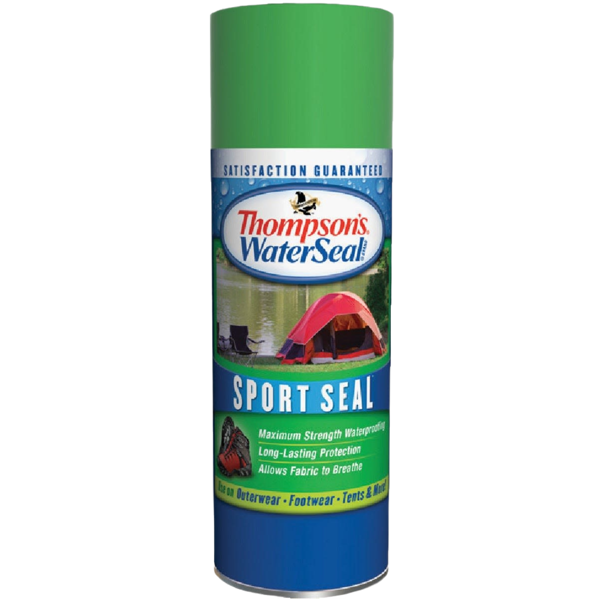 Aerosol spray can of clear waterproofing sealer for fabrics, tents, and outdoor gear maintenance and home improvement.