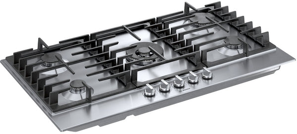 Stainless steel 36-inch gas cooktop with five burners and stainless control knobs for modern kitchen use