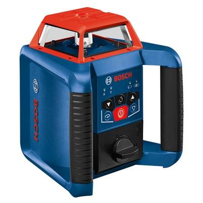 Blue and red cordless rotary laser level with control buttons and protective housing for precise home improvement tasks