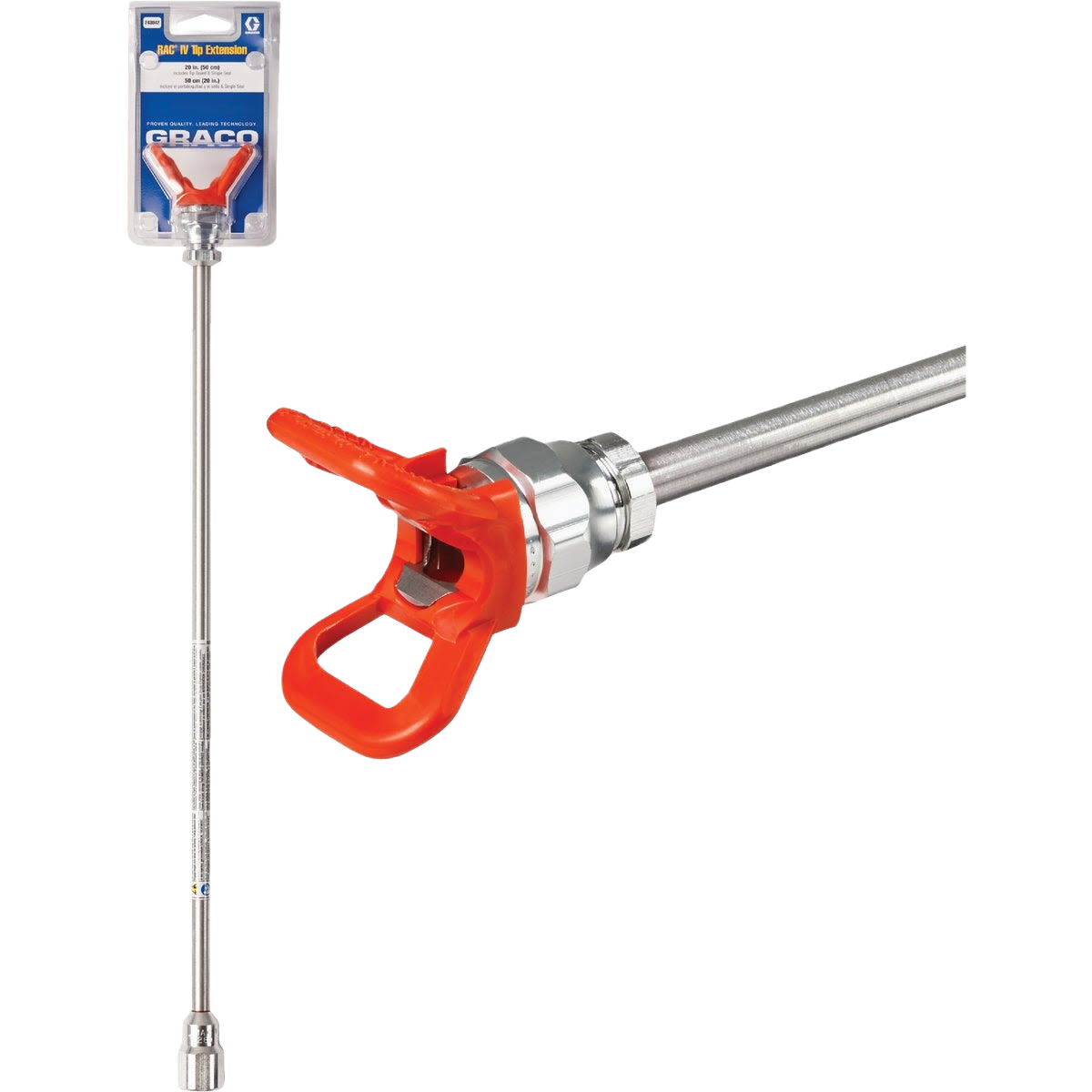 Metal spray gun tip extension with bright orange handle for painting hard-to-reach areas in paint sprayers and home improvement tools