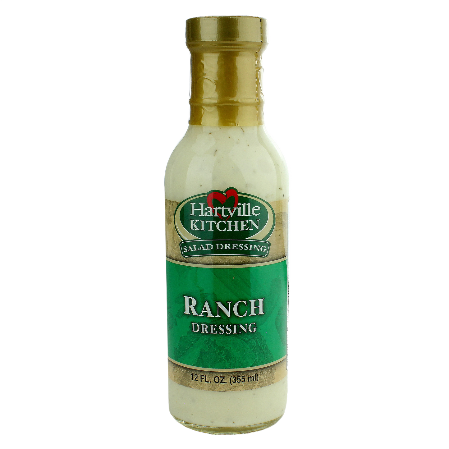 Clear glass bottle of Hartville Kitchen ranch dressing with gold cap in salad dressings collection under $50