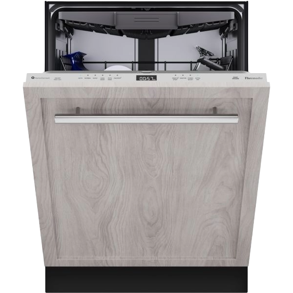 Built-in 24-inch dishwasher with open door, featuring a custom light wood panel and modern metal handle