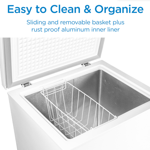 Open white chest freezer showing rust-proof aluminum interior with removable sliding basket for easy organization