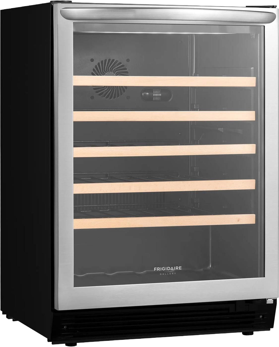 Stainless steel and black beverage center with tinted glass door, wood-trim wire shelving, and digital temperature control for kitchen and appliance use.