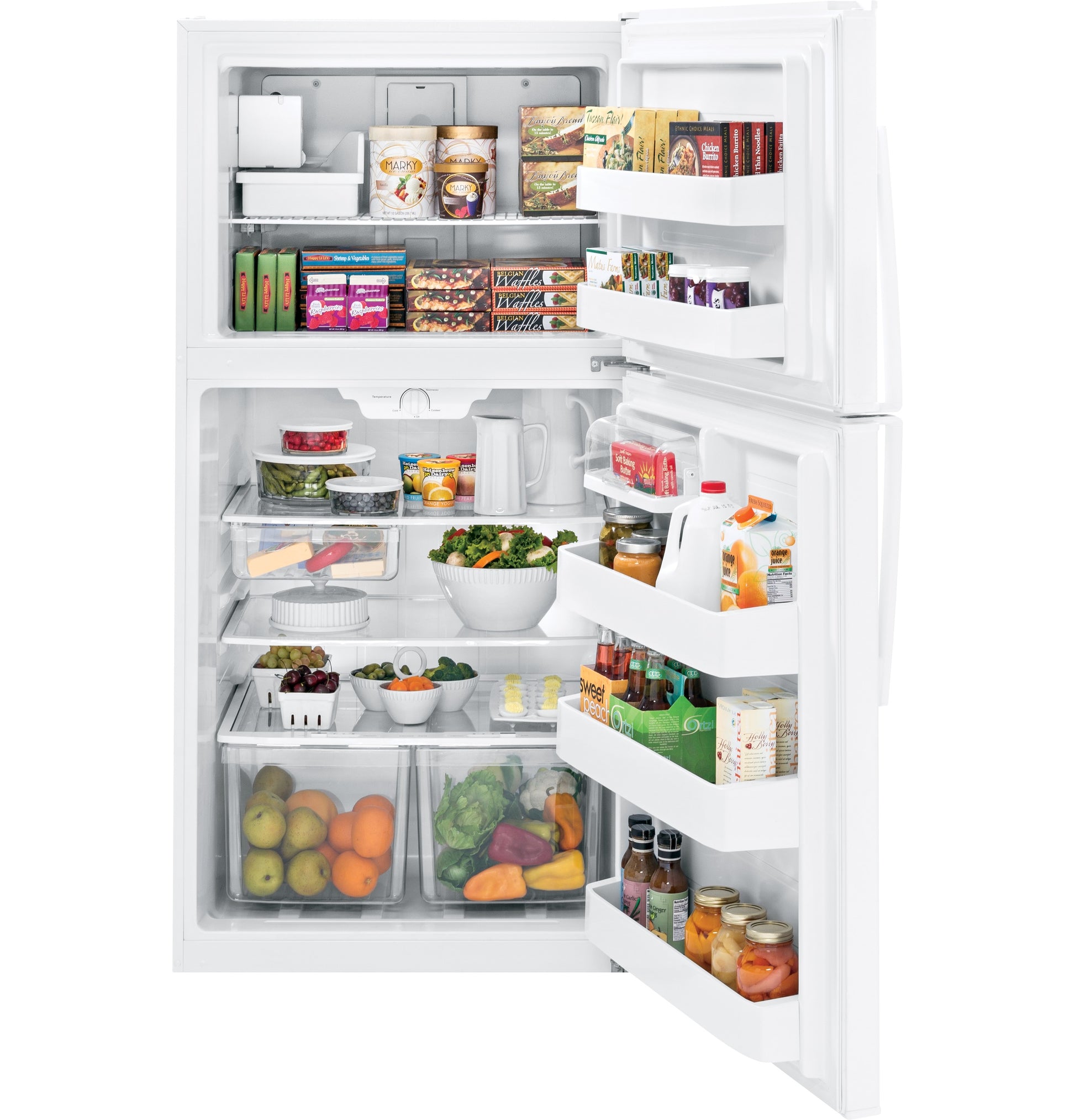 Open white top-freezer refrigerator filled with food items in refrigerators and kitchen appliances collections
