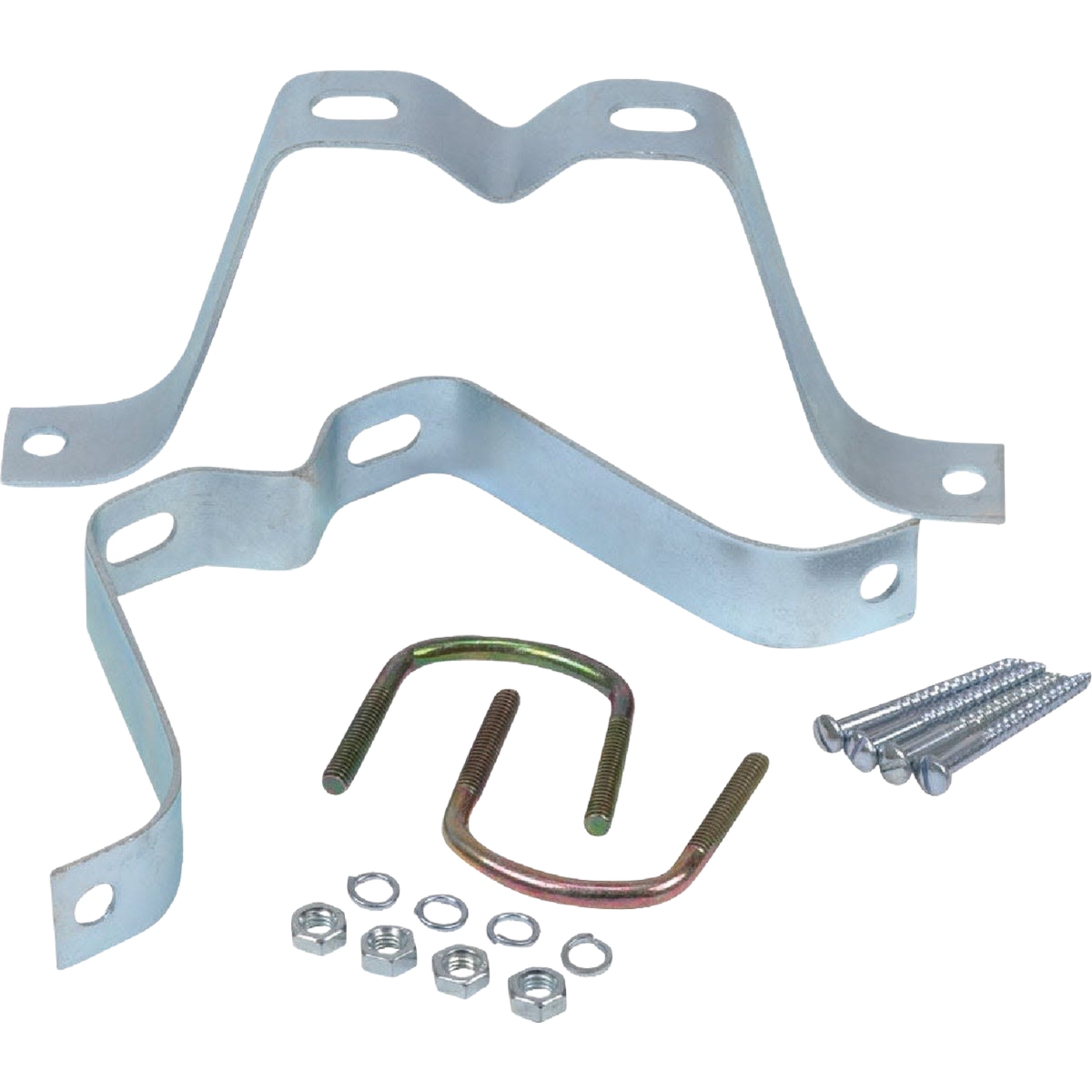 Galvanized metal antenna wall mount bracket set with screws, nuts, and U-bolts for secure home improvement installation