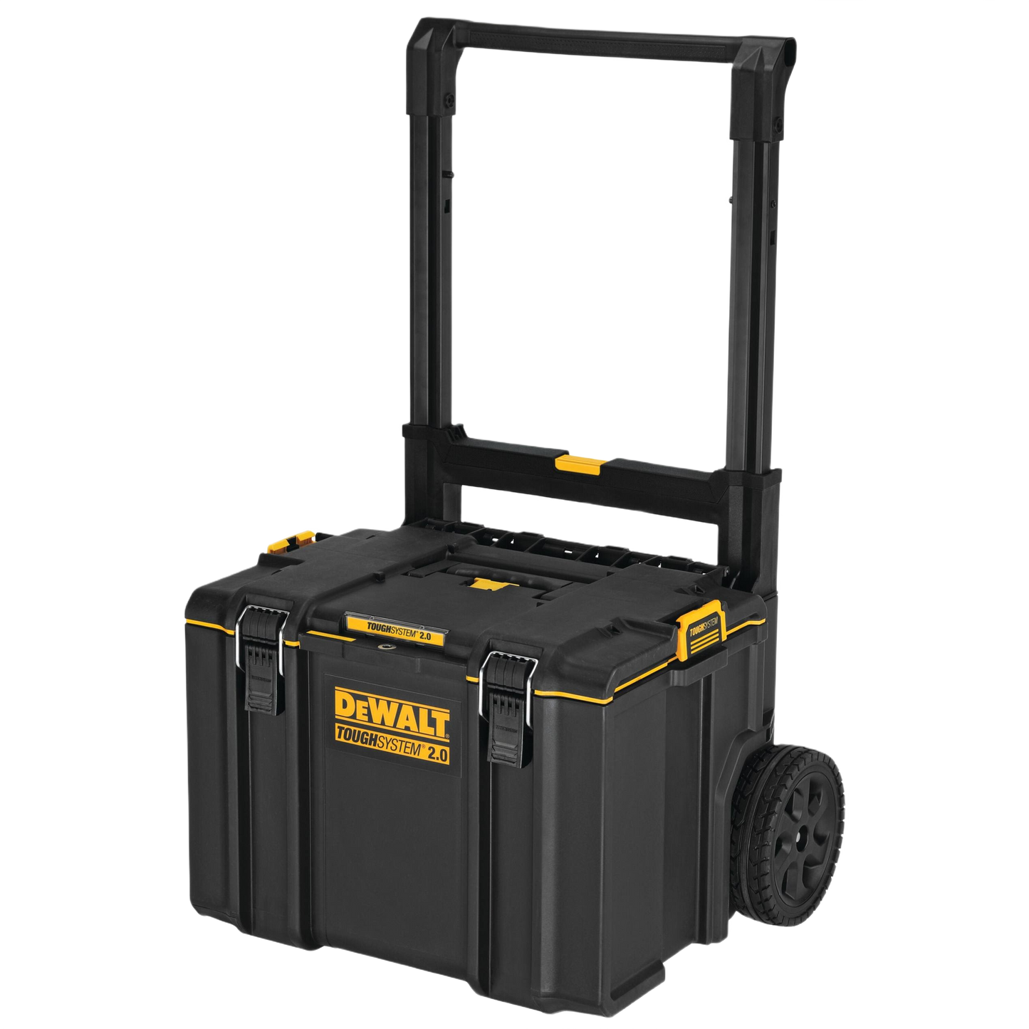 Black and yellow rolling toolbox with extendable handle and durable wheels for jobsite tool storage and organization