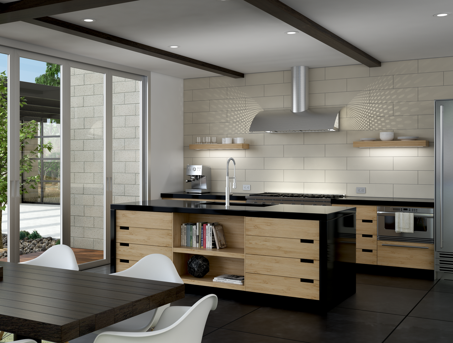 Modern kitchen featuring a stainless steel wall mounted range hood above a black countertop with light wood cabinetry, part of Wall Mounted Range Hoods and Kitchen & Kitchenware collections.
